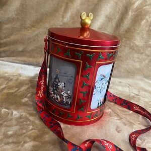 Disney Red Holiday Tin Canister with Gold Mickey Ear Knob